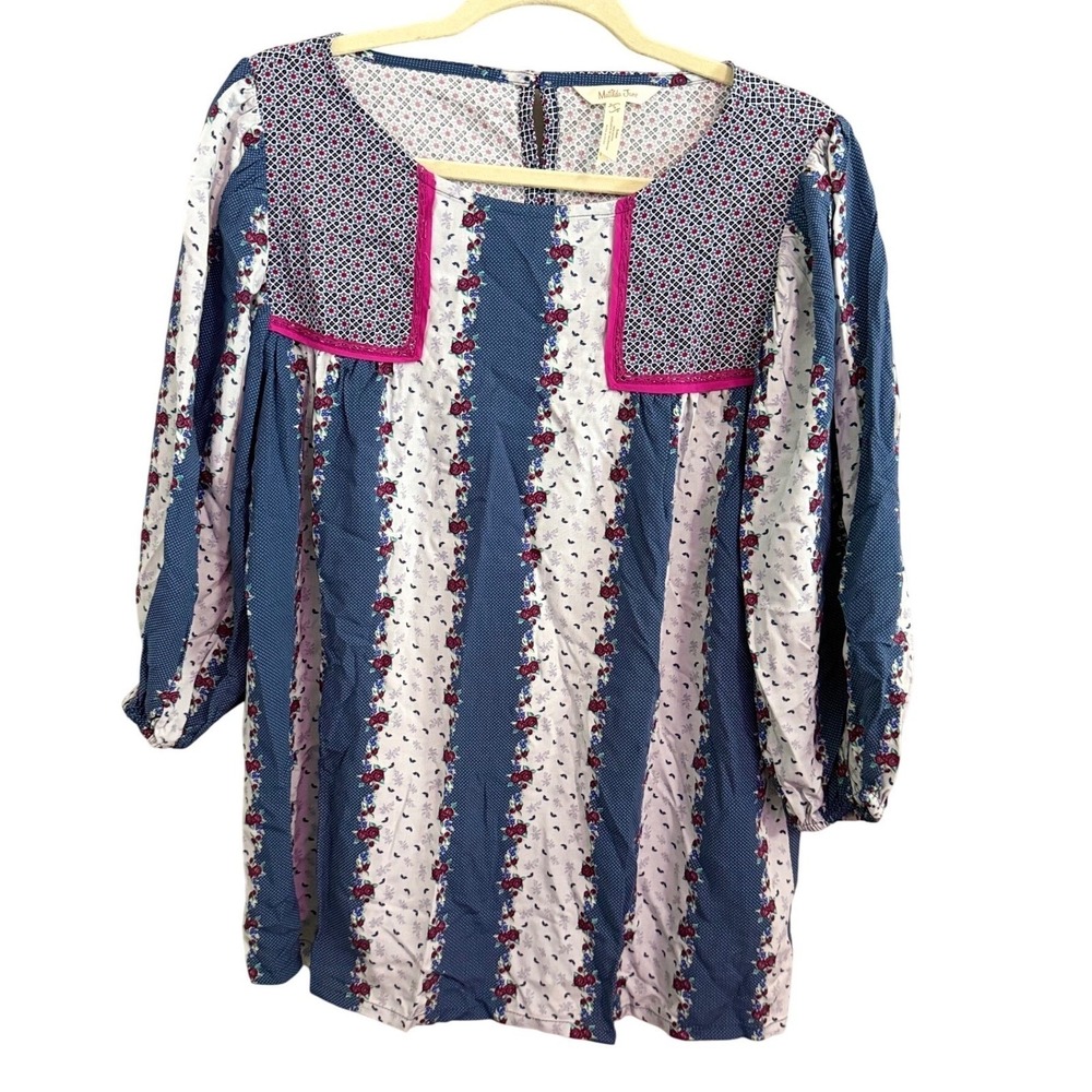Matilda Jane Girls 3/4 Sleeve Tunic top‎ Floral Stripe Pattern Blue Pink Size S